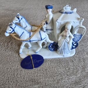 Vintage Victorian White and Blue Horse and Carriage Figurine